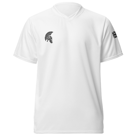 Front view of White short sleeve unisex fit Performance Jersey by Achilles Tactical Clothing Brand