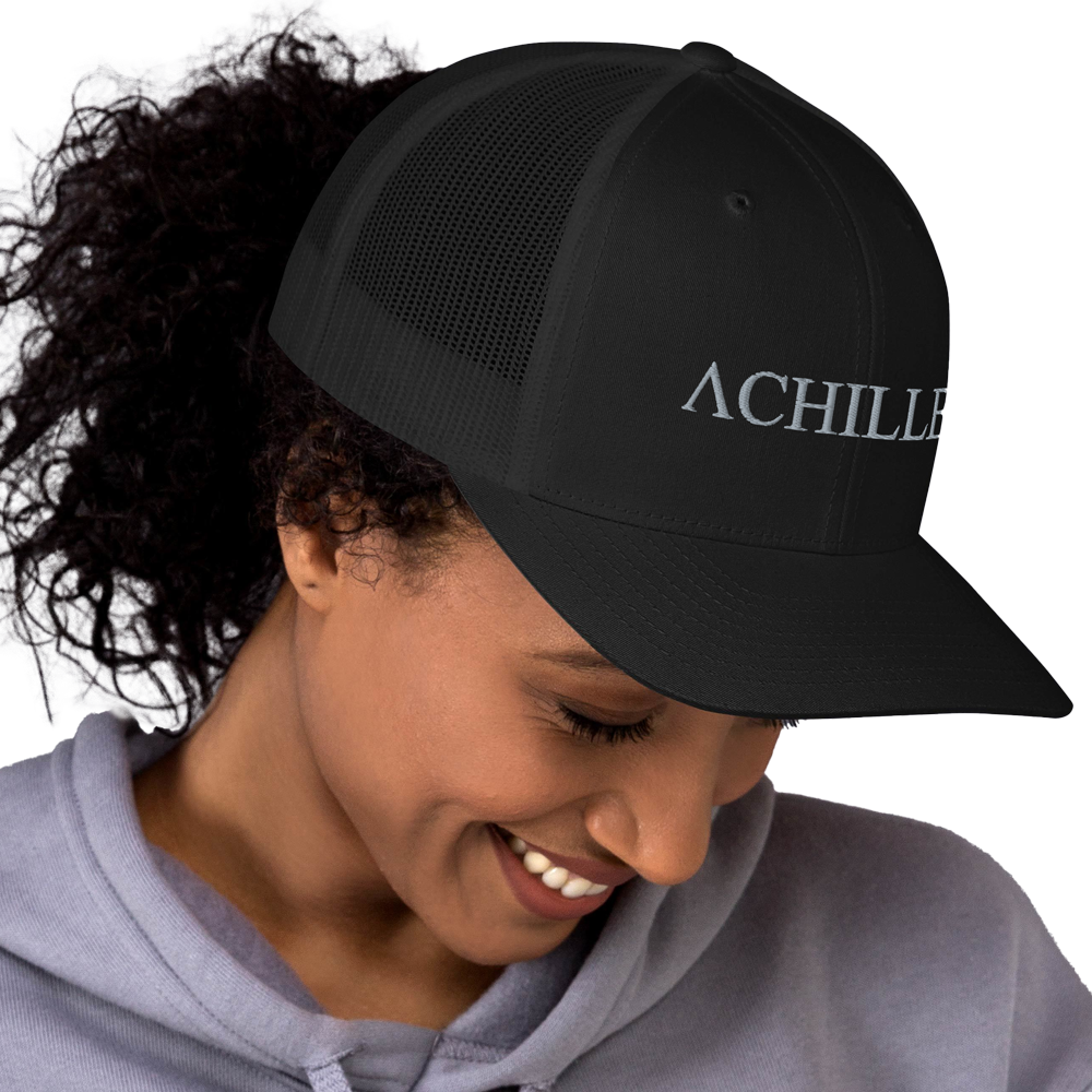 Front right view of woman wearing Achilles mesh snap back embroidered achilles black cap