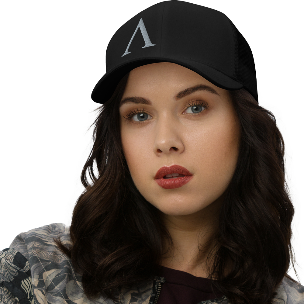 Front view of woman wearing Alpha mesh snap back embroidered achilles black cap