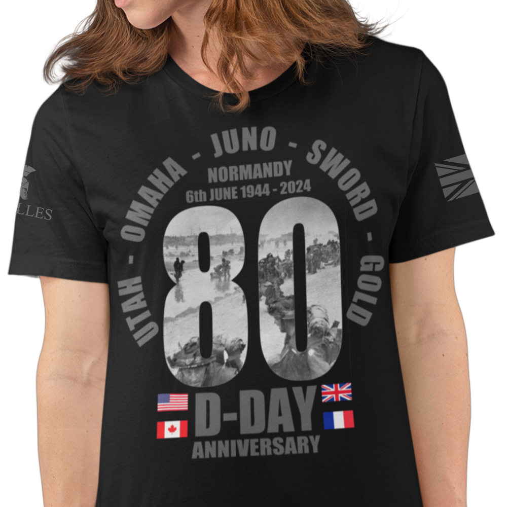 Front view of woman wearing Black short sleeve classic cotton unisex fit T-Shirt by Achilles Tactical Clothing Brand with screen printed D-Day design