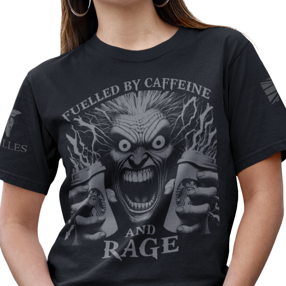 Front view of woman wearing Black short sleeve classic cotton unisex fit T-Shirt by Achilles Tactical Clothing Brand with screen printed Caffeine and Rage design