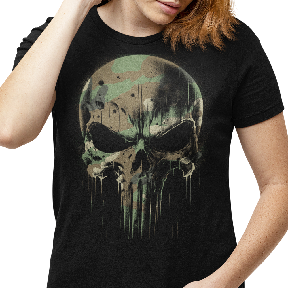 Front view of woman wearing Black short sleeve classic cotton unisex fit T-Shirt by Achilles Tactical Clothing Brand with screen printed DPM Camo Skull design