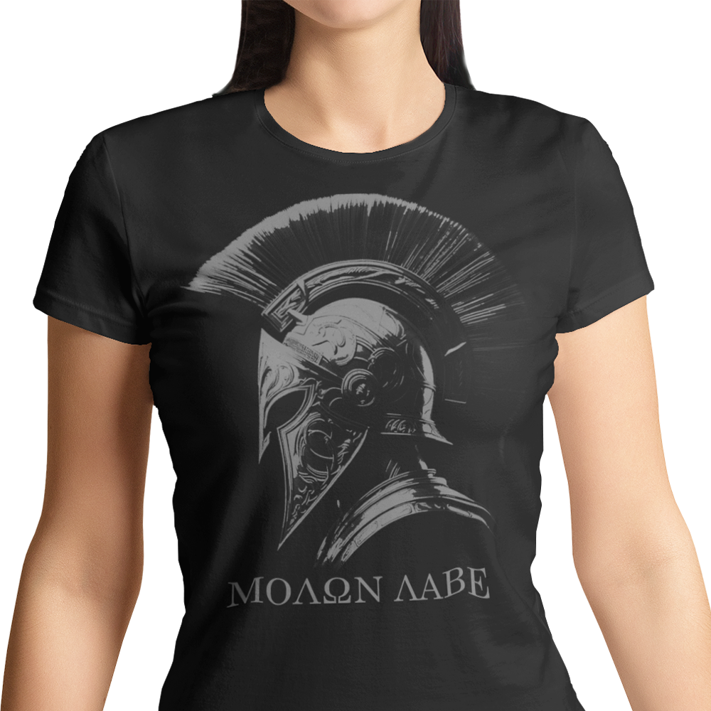 Front view of woman wearing Black short sleeve classic cotton unisex fit T-Shirt by Achilles Tactical Clothing Brand with screen printed Molon Labe design