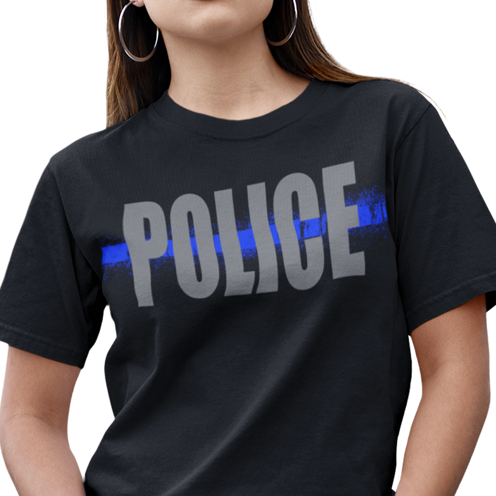 Front view of woman wearing Black short sleeve classic cotton unisex fit T-Shirt by Achilles Tactical Clothing Brand with screen printed Police Thin Blue Line design