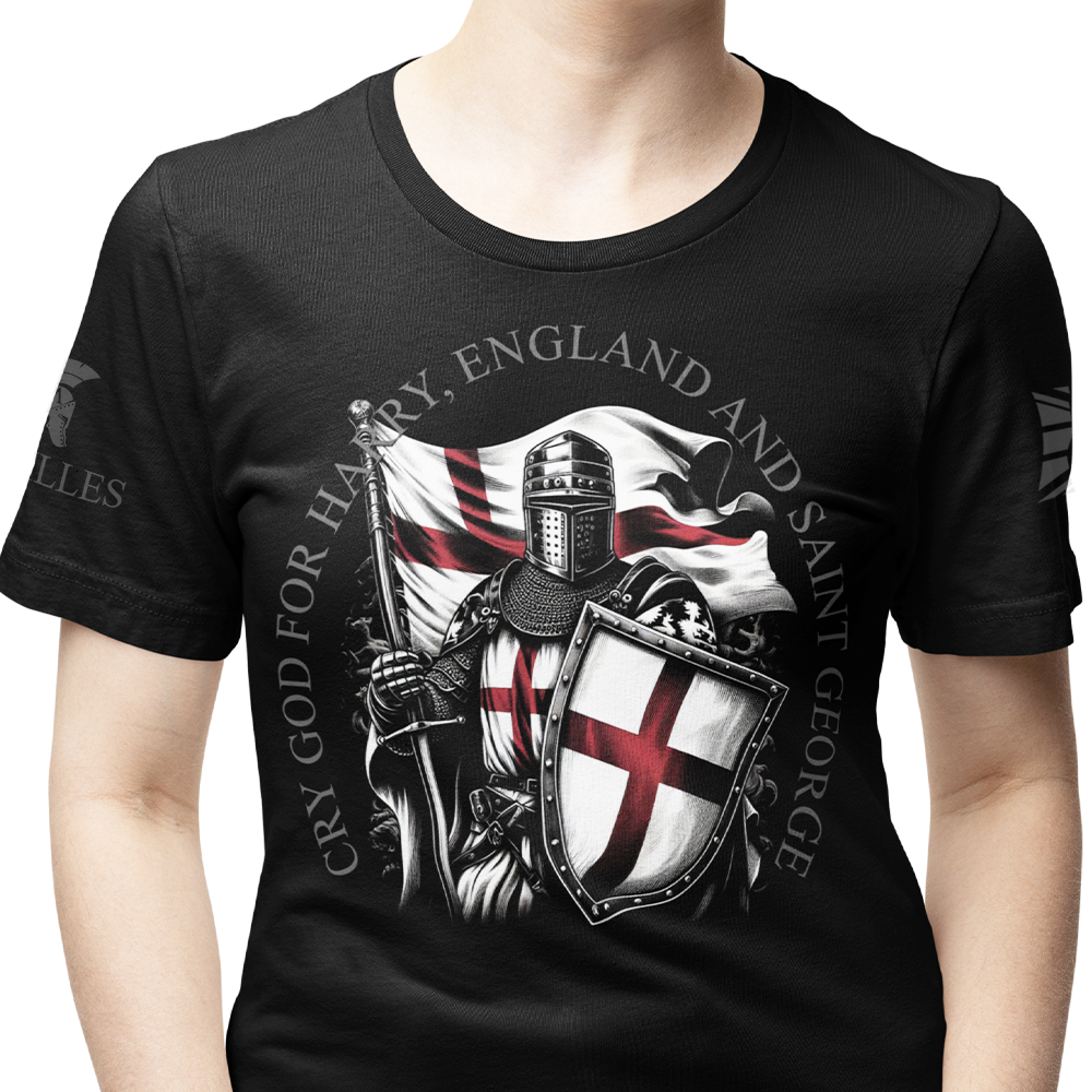 Front view of woman wearing Black short sleeve classic cotton unisex fit T-Shirt by Achilles Tactical Clothing Brand with screen printed Saint George design