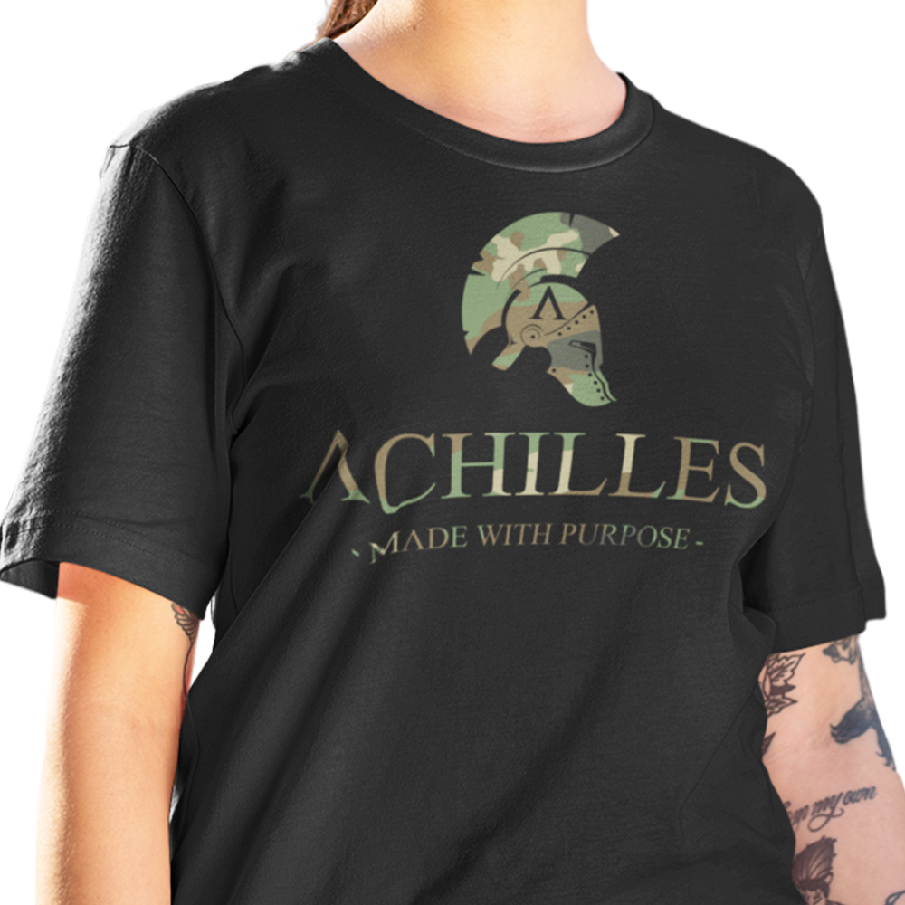 Front view of woman wearing Black short sleeve classic cotton unisex fit T-Shirt by Achilles Tactical Clothing Brand with screen printed DPM Camo Signature design