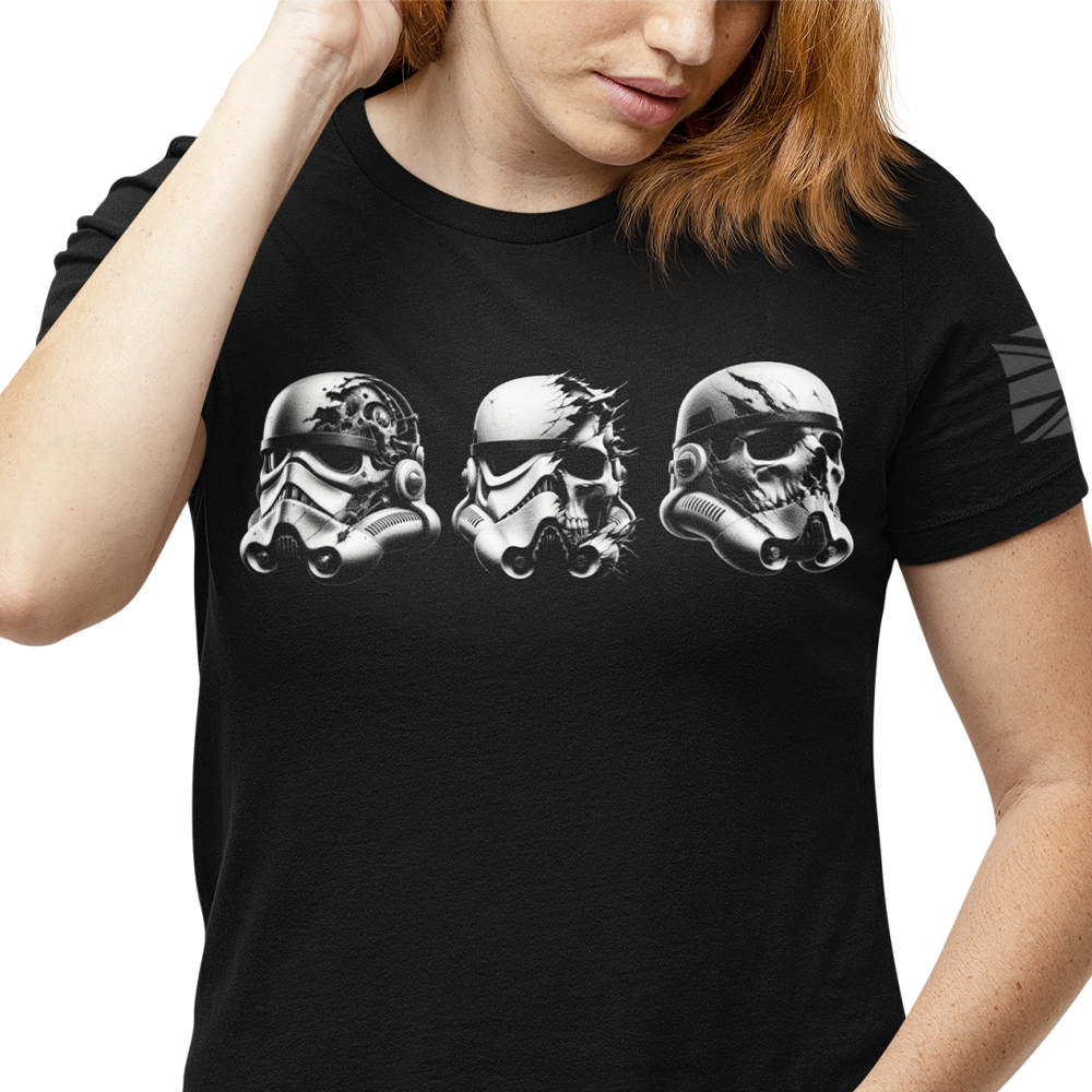 Front view of man wearing Black short sleeve classic cotton unisex fit T-Shirt by Achilles Tactical Clothing Brand with screen printed Stormtroopers design