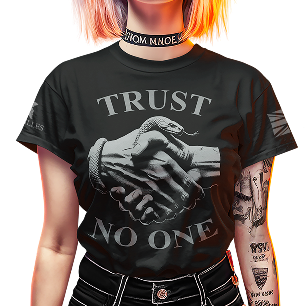 Front view of woman wearing Black short sleeve classic cotton unisex fit T-Shirt by Achilles Tactical Clothing Brand with screen printed Trust No One design