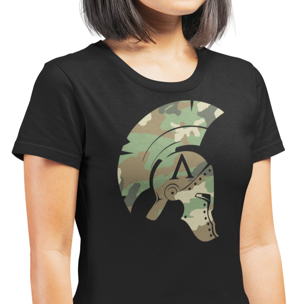 Front view of woman wearing Black short sleeve classic cotton unisex fit T-Shirt by Achilles Tactical Clothing Brand with screen printed DPM Camo Icon design