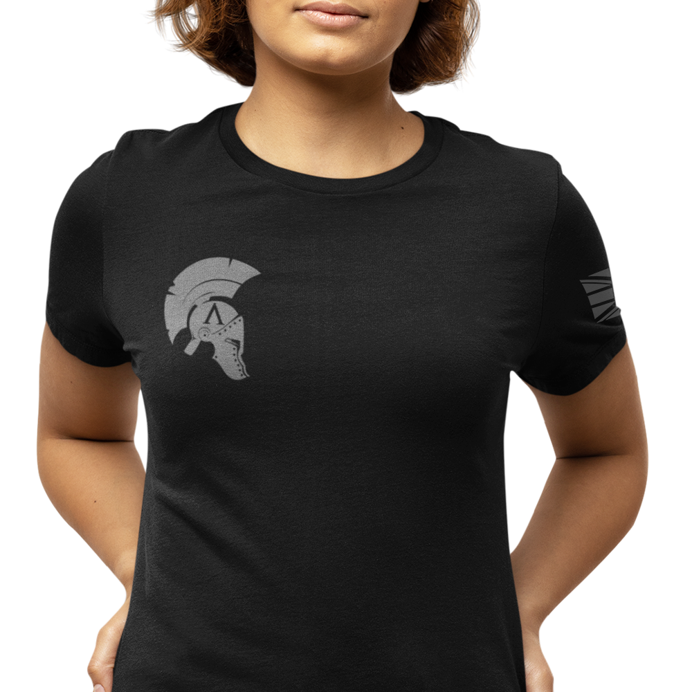 Front view of woman wearing black short sleeve unisex fit original T-Shirt by Achilles Tactical Clothing Brand Stormtrooper design