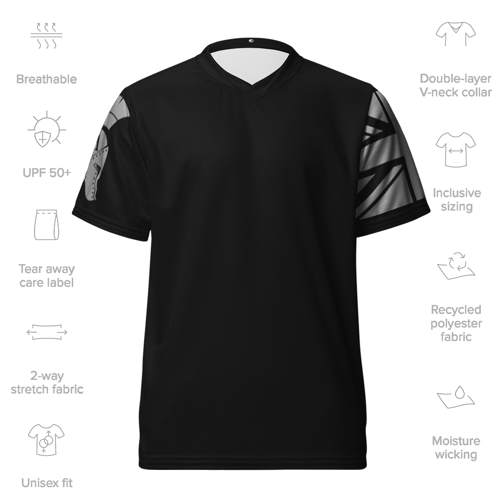 Front view of Black short sleeve unisex fit performance jersey by Achilles Tactical Clothing Brand printed with Wolf grey Achilles Helmet Logo and Union flag on sleeves with details