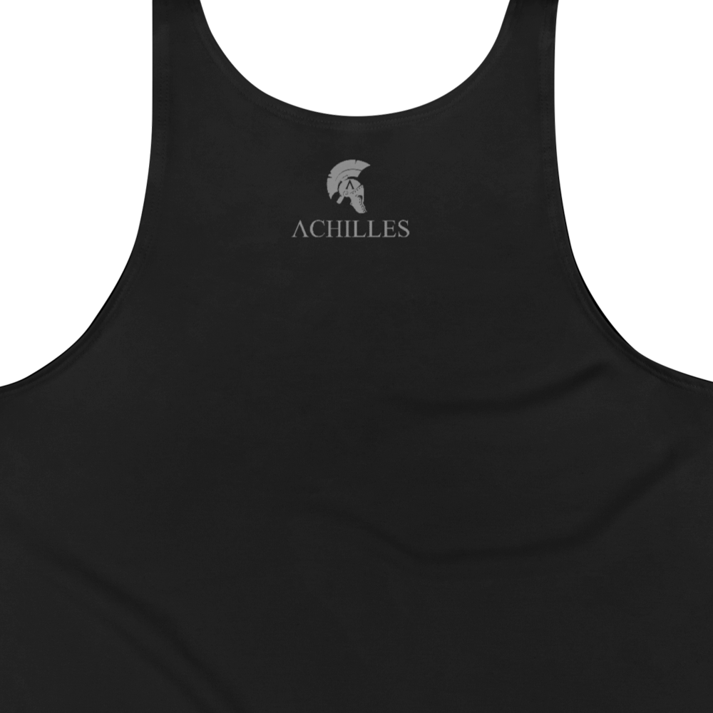 Close up of Back view of Black sleeveless Tank top by Achilles Tactical Clothing Brand printed with Gym Rat design