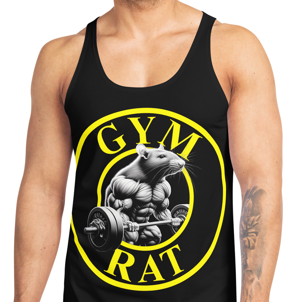 Front view of man wearing Black sleeveless Tank top by Achilles Tactical Clothing Brand printed with Gym Rat design