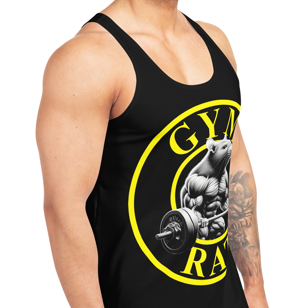 Front right view of man wearing Black sleeveless Tank top by Achilles Tactical Clothing Brand printed with Gym Rat design