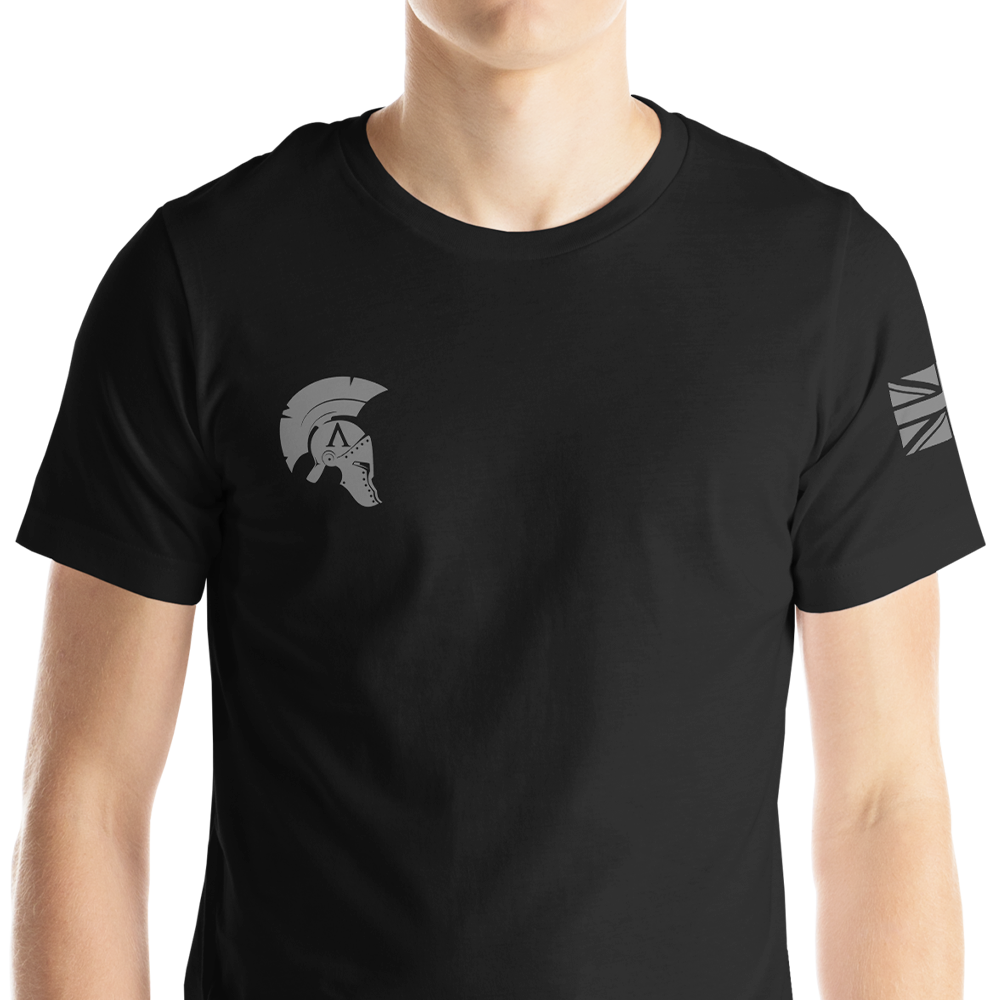Icon original front view of man wearing black short sleeve unisex fit original T-Shirt by Achilles Tactical Clothing Brand 