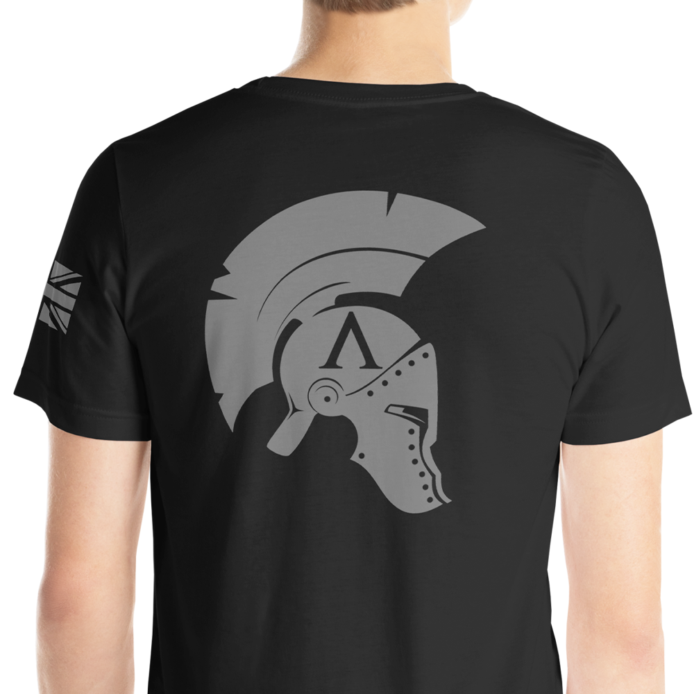 Icon original back view of man wearing black short sleeve unisex fit original T-Shirt by Achilles Tactical Clothing Brand 