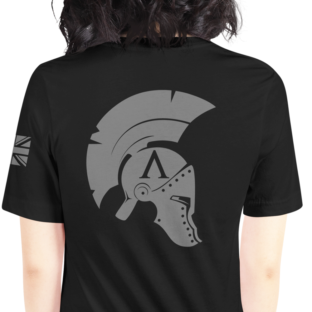 Icon original back view of woman wearing black short sleeve unisex fit original T-Shirt by Achilles Tactical Clothing Brand 