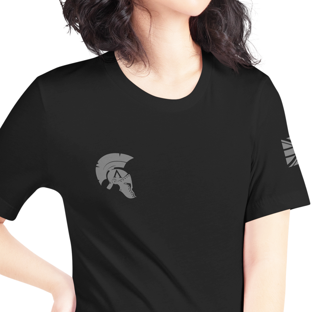 Icon original front view of woman wearing black short sleeve unisex fit original T-Shirt by Achilles Tactical Clothing Brand 