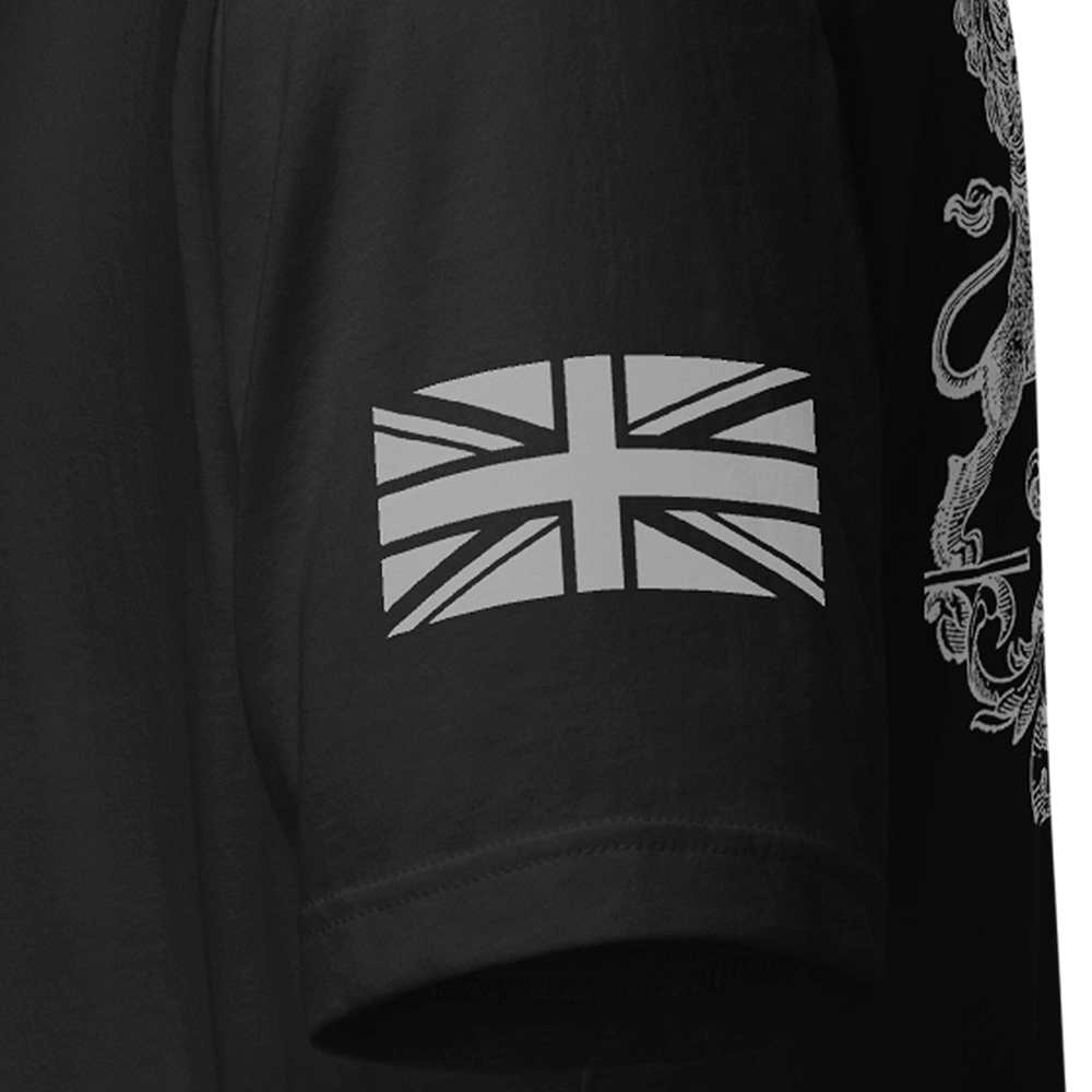 Left sleeve view of Black short sleeve unisex fit Athletic tee by Achilles Tactical Clothing Brand printed with Union flag