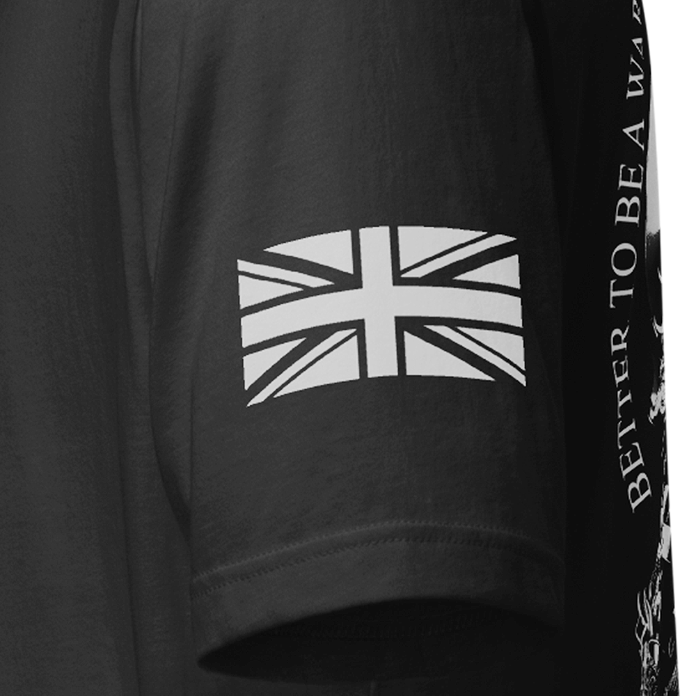 Left sleeve view of Black short sleeve unisex fit Athletic tee by Achilles Tactical Clothing Brand printed with Union flag