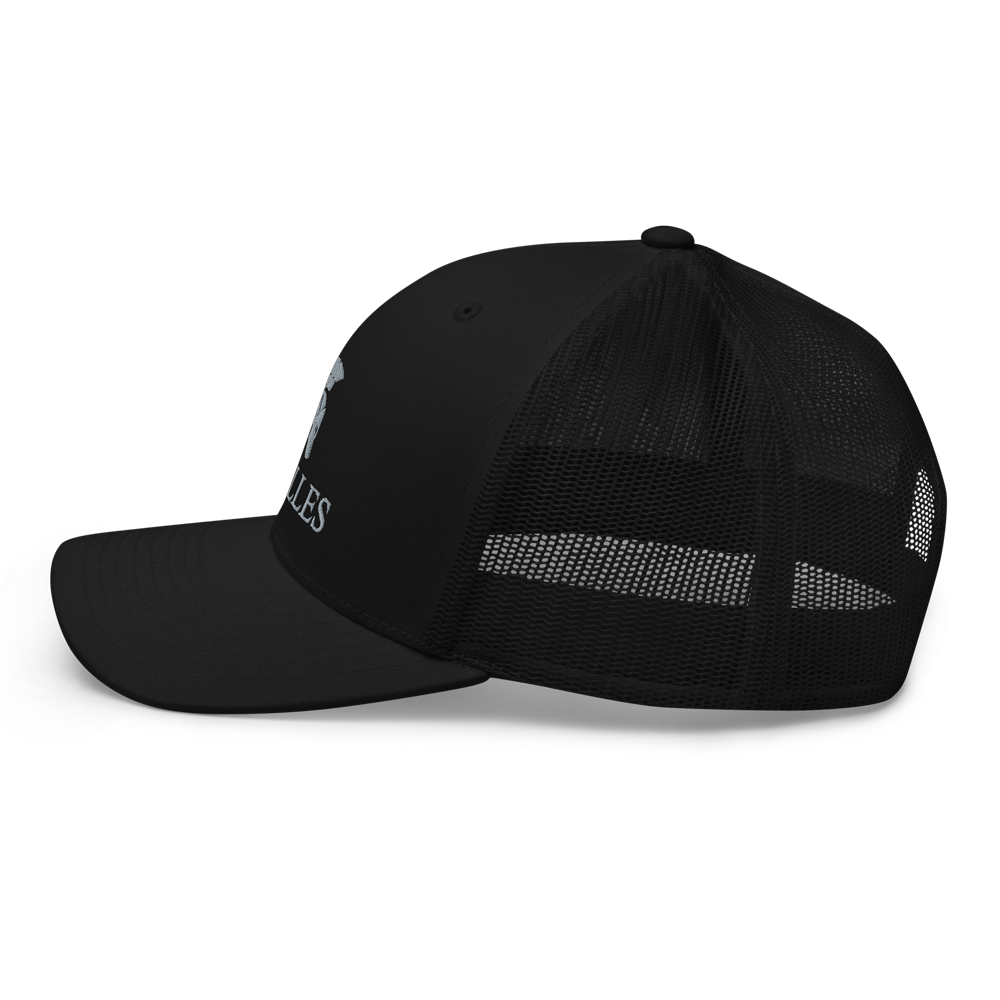 Left view of Signature mesh snap back embroidered achilles black cap