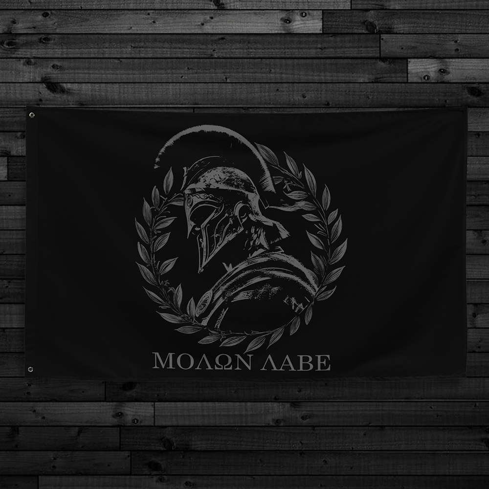 MOLON LABE SPARTAN Achilles Tactical Clothing Brand Printed Flag On Black Wooden Wall