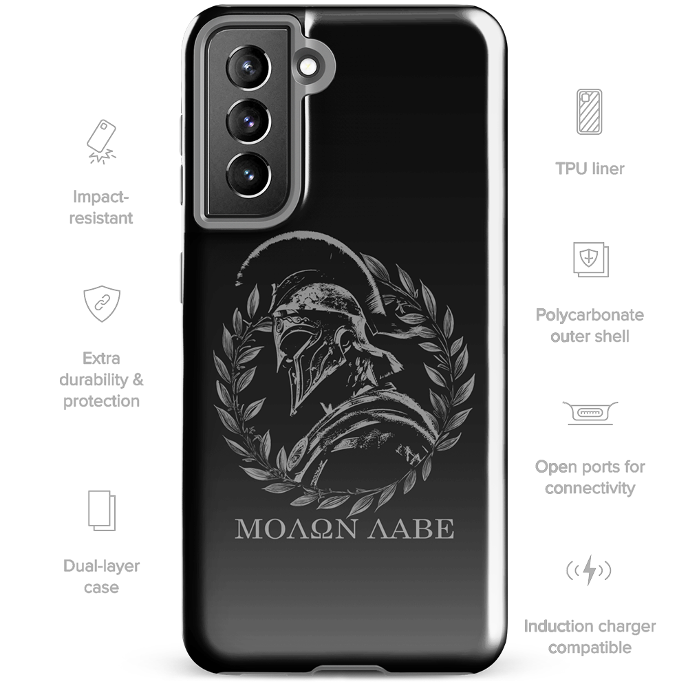 Front view of Molon Labe Spartan Samsung tough phone case by Achilles Tactical Clothing Brand with Details