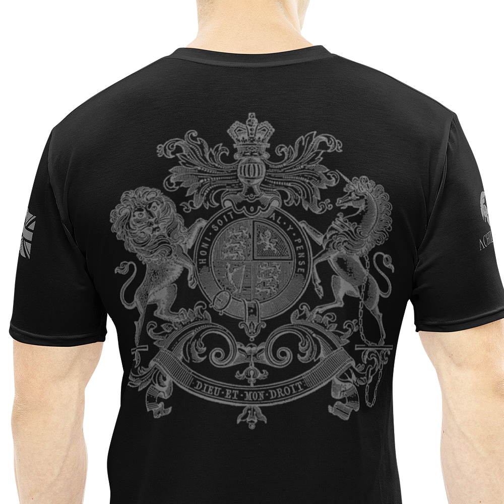 REALM Back view of man wearing black short sleeve unisex fit Athletic Tee by Achilles Tactical Clothing Brand 