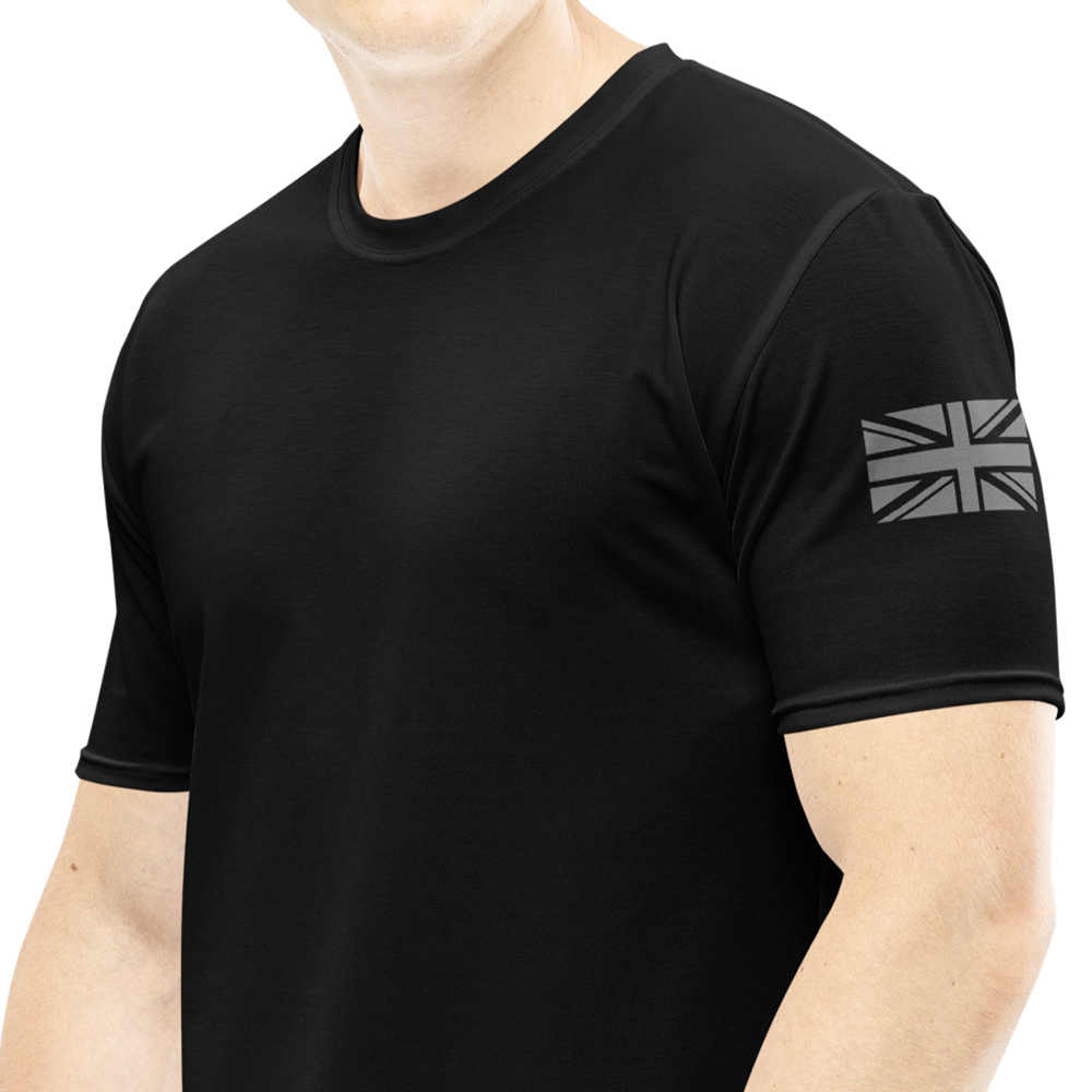 REALM Front left view of man wearing black short sleeve unisex fit Athletic Tee by Achilles Tactical Clothing Brand 