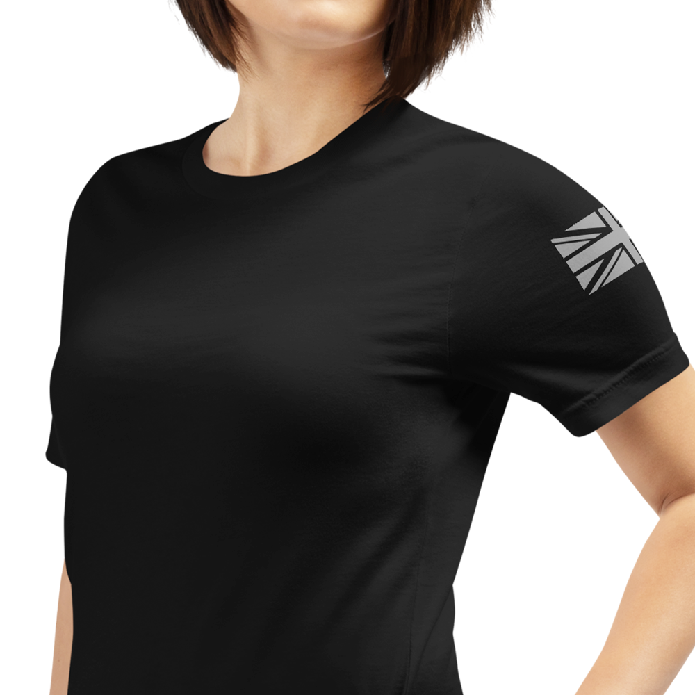 REALM Front left view of woman wearing black short sleeve unisex fit Athletic Tee by Achilles Tactical Clothing Brand 