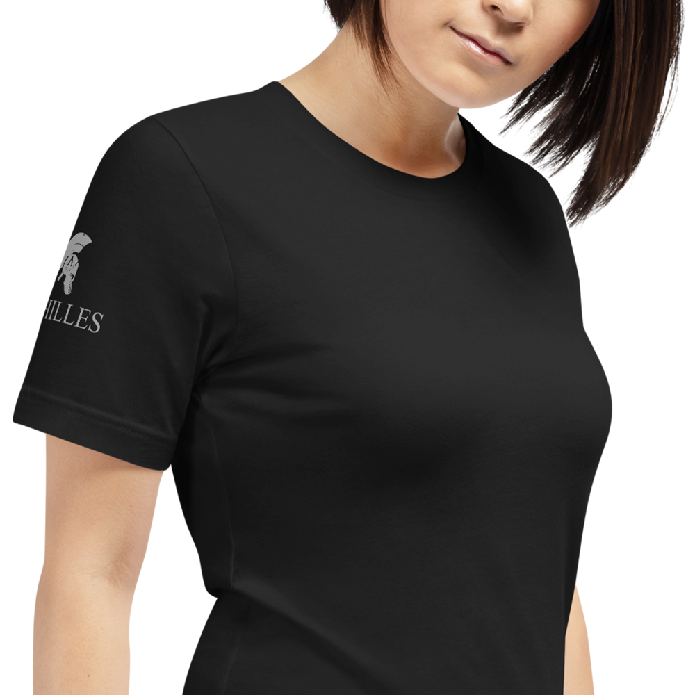 REALM Front right view of woman wearing black short sleeve unisex fit Athletic Tee by Achilles Tactical Clothing Brand 