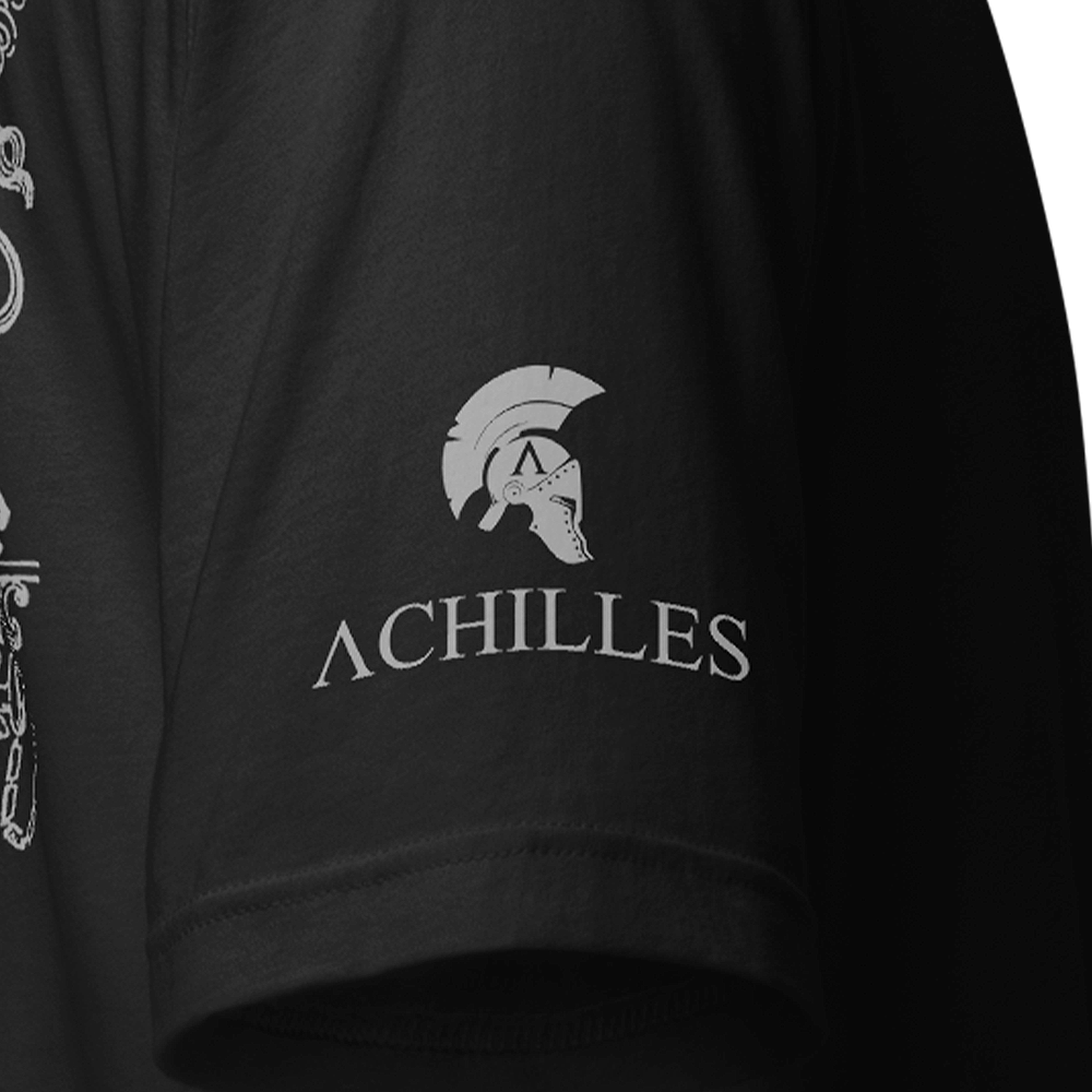 Right sleeve view of Black short sleeve unisex fit Athletic tee by Achilles Tactical Clothing Brand printed with Achilles Logo