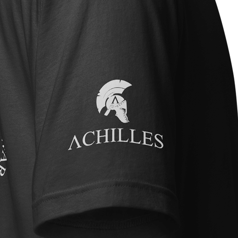 Right sleeve view of Black short sleeve unisex fit Athletic tee by Achilles Tactical Clothing Brand printed with Achilles Logo