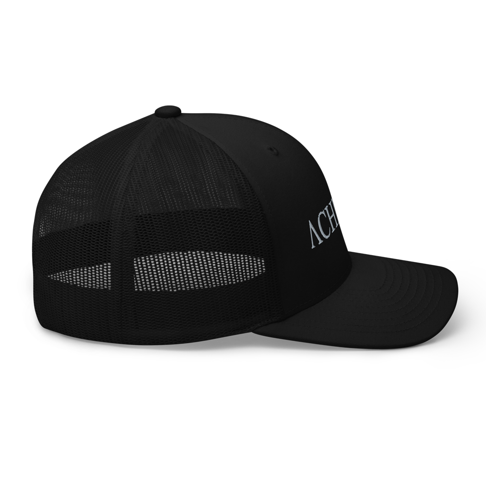 Right view of Achilles mesh snap back embroidered achilles black cap