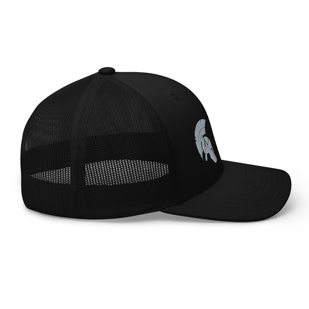 Right view of ICON mesh snap back embroidered achilles black cap
