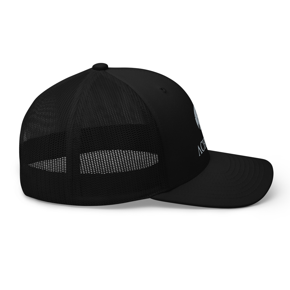 Right view of Signature mesh snap back embroidered achilles black cap