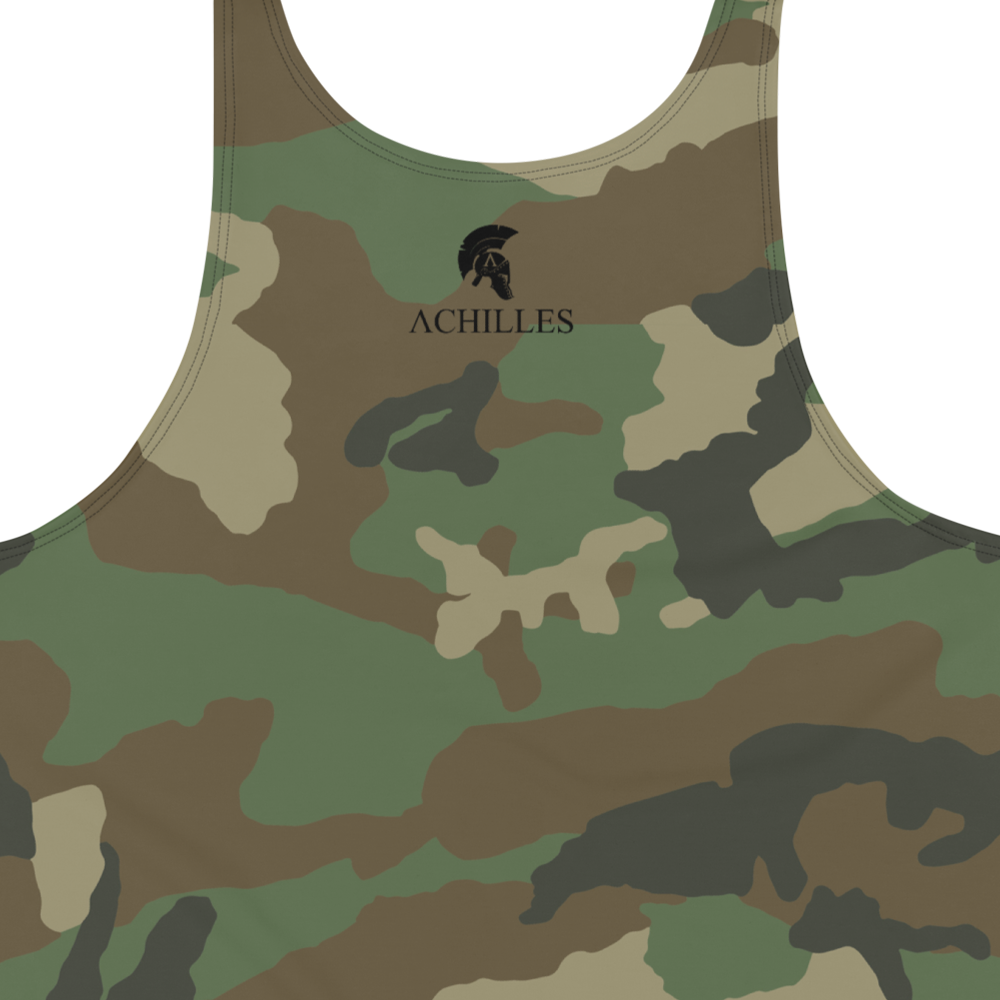 Back view of Green DPM CAM sleeveless Tank top by Achilles Tactical Clothing Brand printed with Black signature design