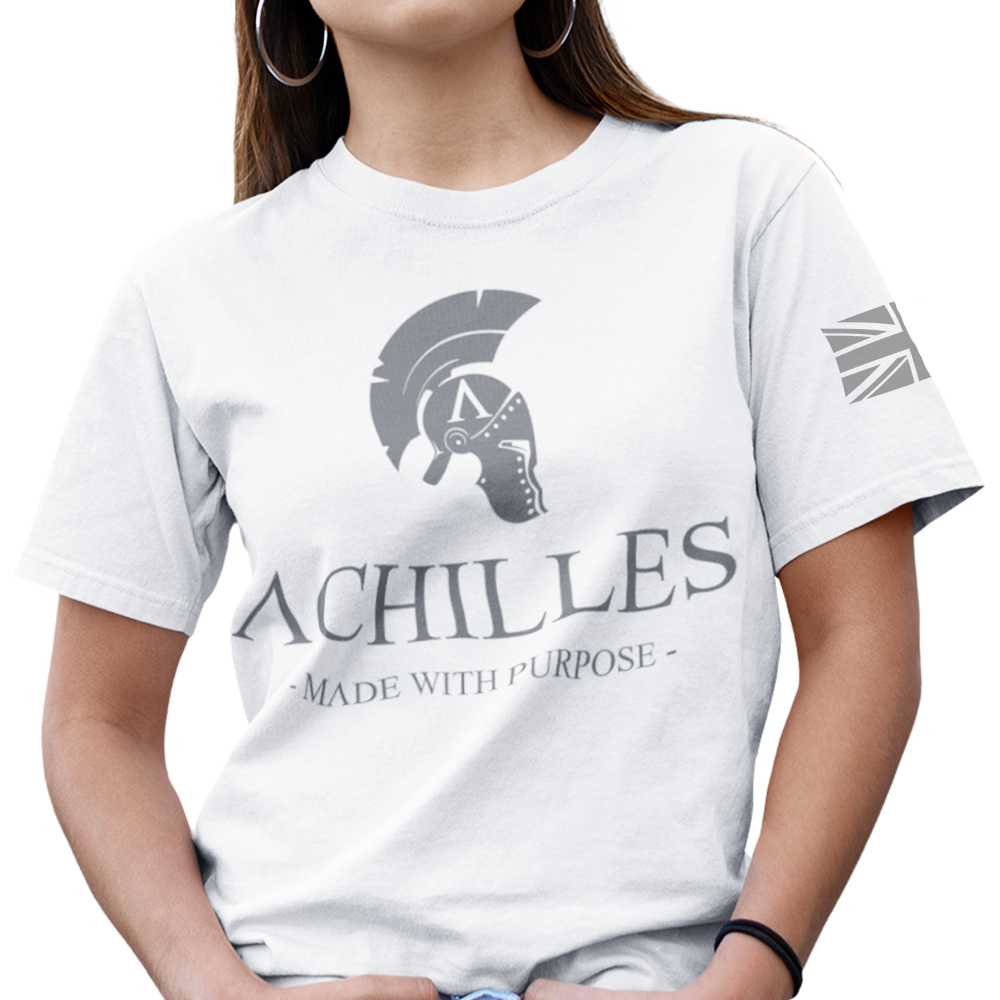 Front view of woman wearing white edition short sleeve classic cotton unisex fit T-Shirt by Achilles Tactical Clothing Brand with screen printed Signature design