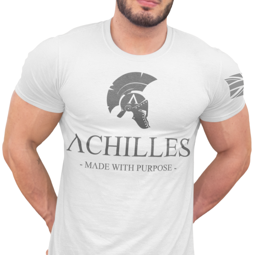 Front view of man wearing white edition short sleeve classic cotton unisex fit T-Shirt by Achilles Tactical Clothing Brand with screen printed Signature design