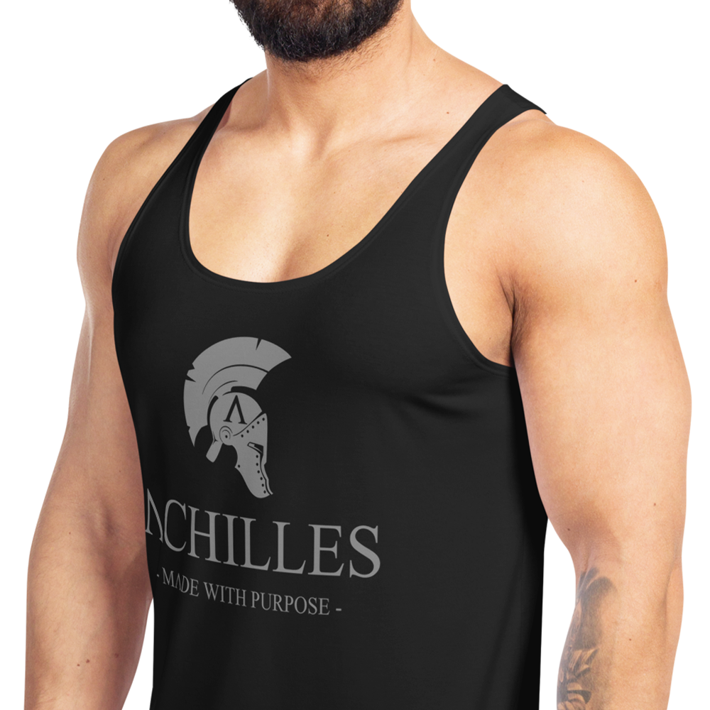 Signature left of man view of Black sleeveless Tank Top by Achilles Tactical Clothing Brand
