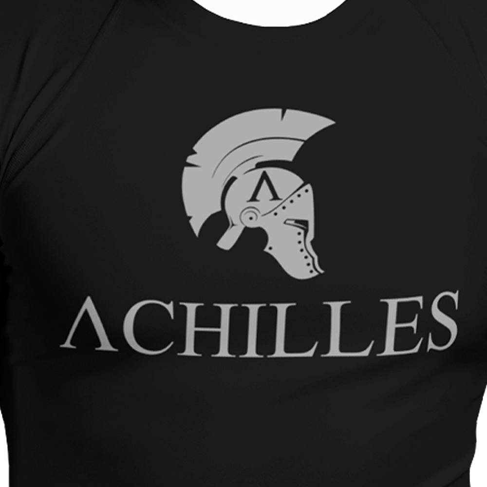 Close up of Front view of black long sleeve rash guard by Achilles Tactical Clothing Brand with Signature design in grey