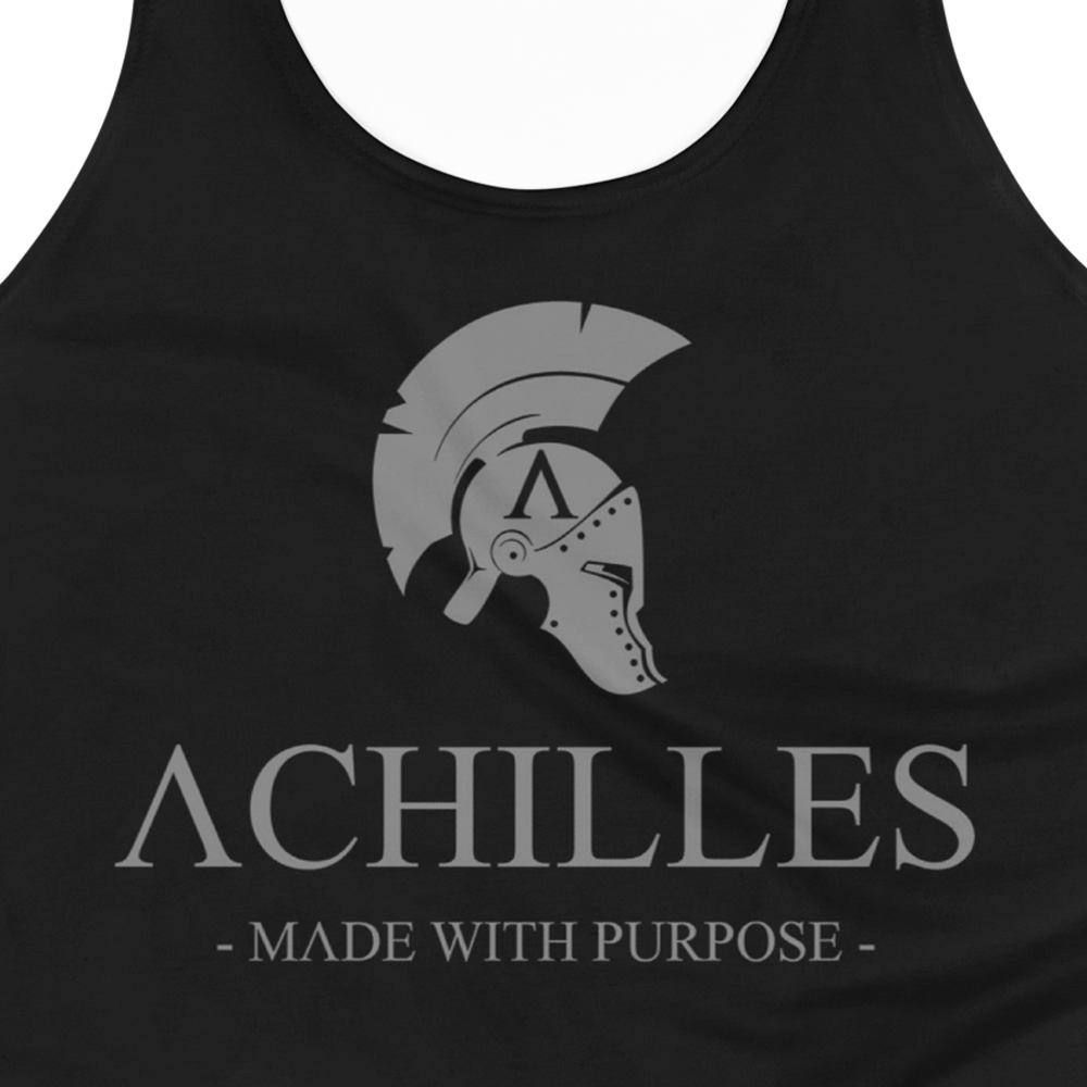 Signature close up front view of Black sleeveness tank Top by Achilles Tactical Clothing Brand 