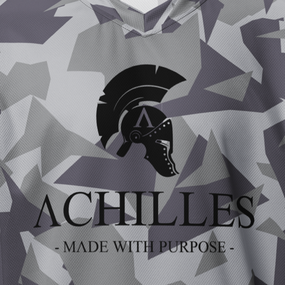 Close Up Front view of Geo Grey Cam short sleeve unisex fit Performance Jersey by Achilles Tactical Clothing Brand printed with Black Signature design