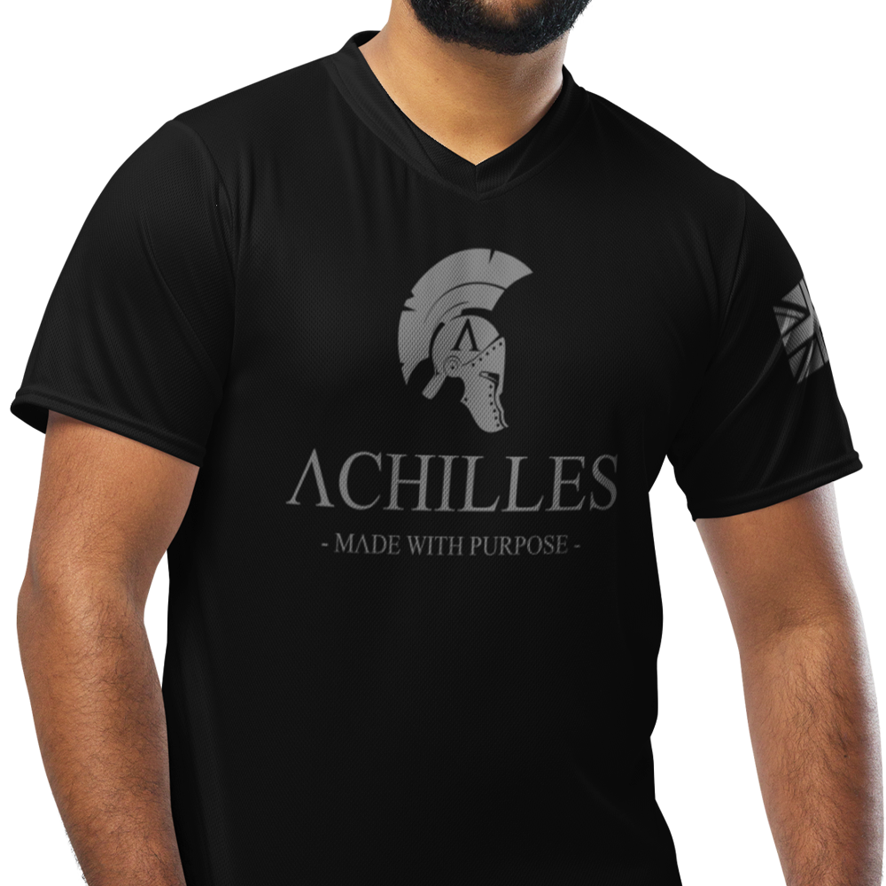 Signature front of man view of black short sleeve unisex fit Performance jersey by Achilles Tactical Clothing Brand
