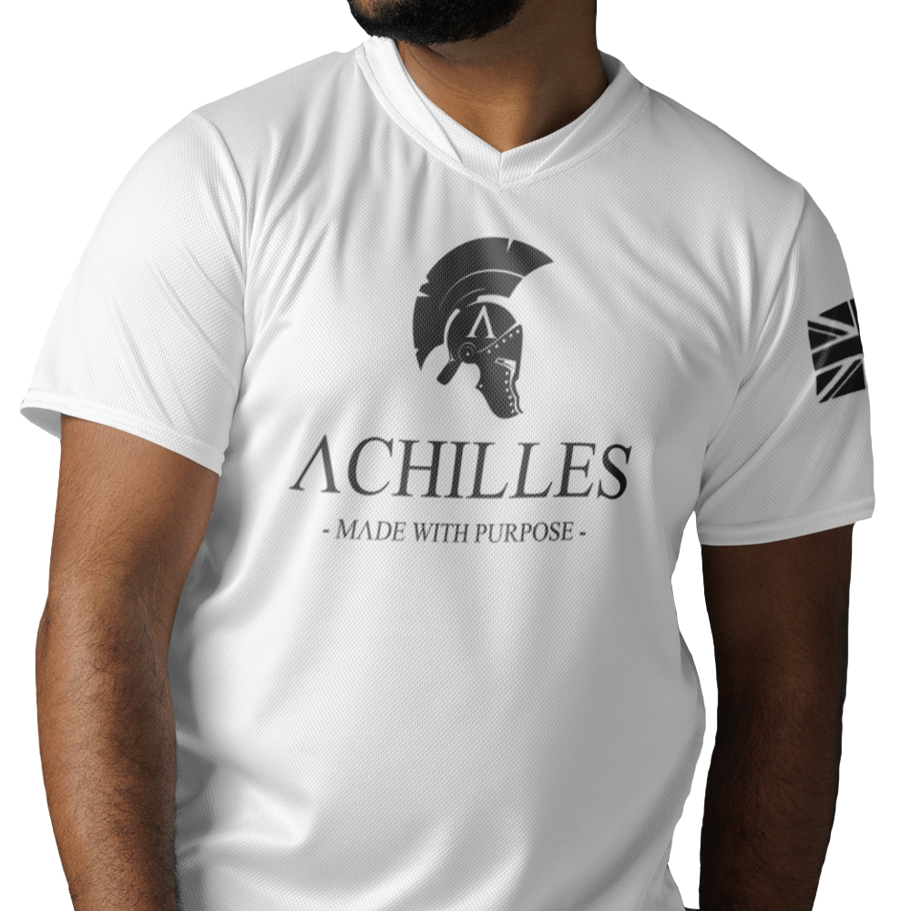 Signature front of man view of White short sleeve unisex fit Performance jersey by Achilles Tactical Clothing Brand