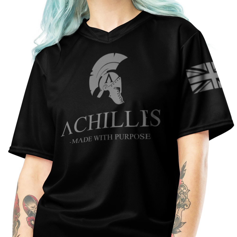 Signature front of woman view of black short sleeve unisex fit Performance jersey by Achilles Tactical Clothing Brand
