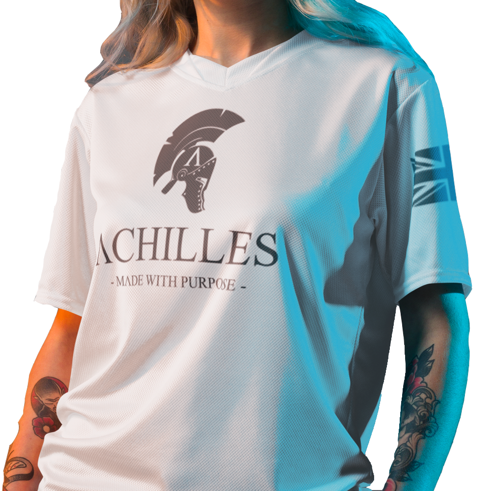 Signature front of woman view of white short sleeve unisex fit Performance jersey by Achilles Tactical Clothing Brand