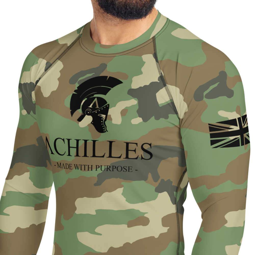 Front left view of man in DPM Cam long sleeve unisex fit Rash Guard by Achilles Tactical Clothing Brand with Signature design in black