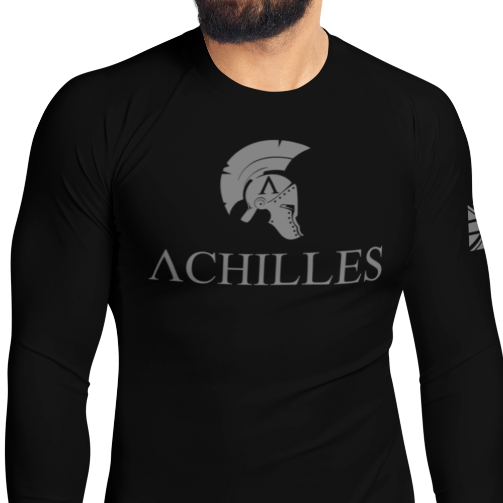 Front view of man in black long sleeve unisex fit Rash Guard by Achilles Tactical Clothing Brand with Signature design in grey