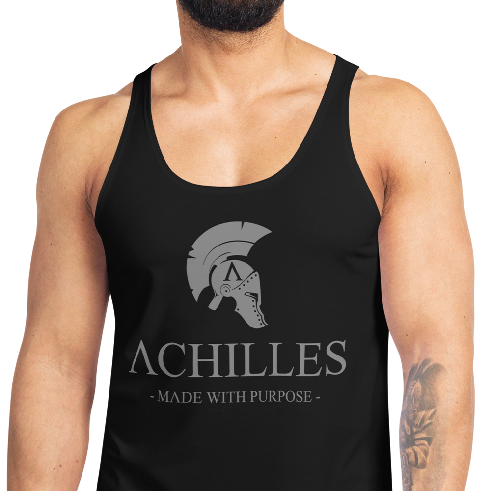 Signature Front of man view of Black sleeveless Tank Top by Achilles Tactical Clothing Brand
